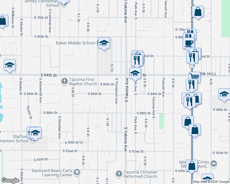 map of restaurants, bars, coffee shops, grocery stores, and more near 853 South 86th Street in Tacoma