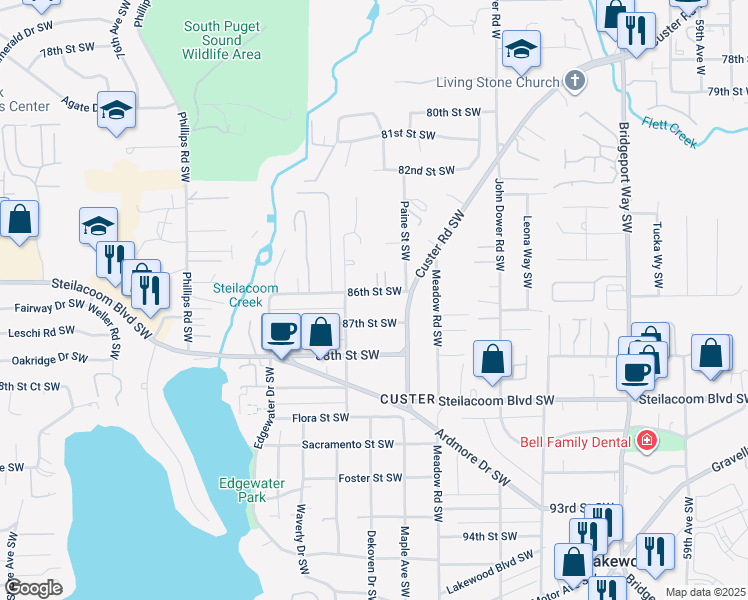 map of restaurants, bars, coffee shops, grocery stores, and more near 6828 86th Street Southwest in Lakewood