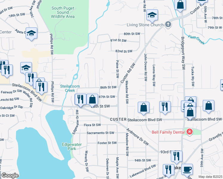map of restaurants, bars, coffee shops, grocery stores, and more near 6828 86th Street Southwest in Lakewood