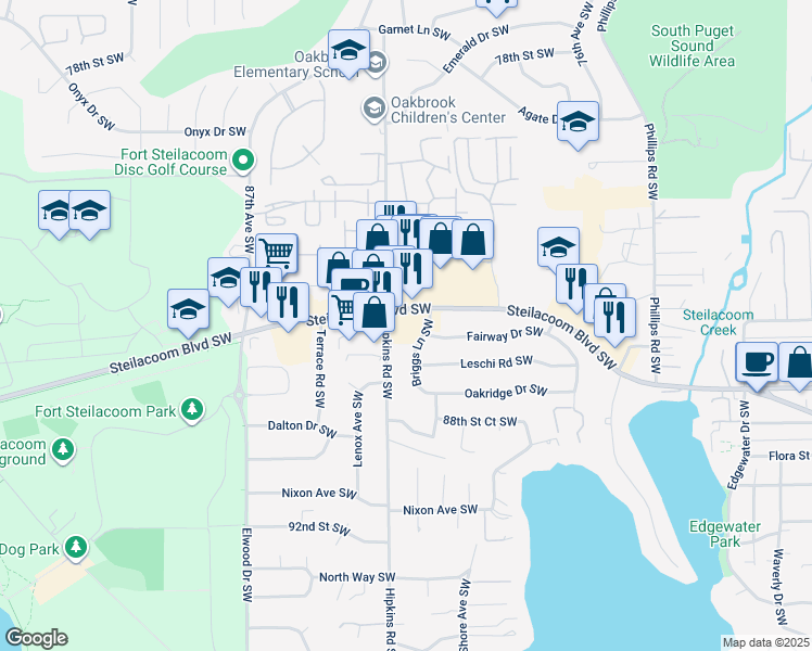 map of restaurants, bars, coffee shops, grocery stores, and more near 8224 Steilacoom Boulevard Southwest in Lakewood