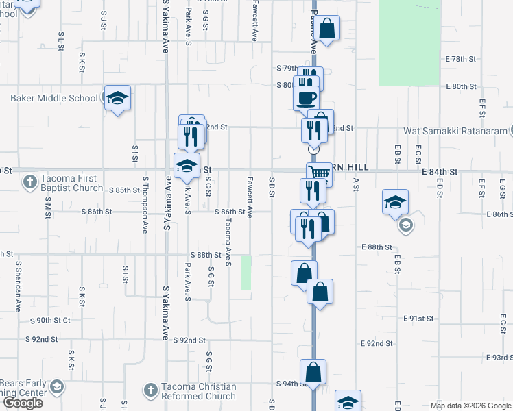 map of restaurants, bars, coffee shops, grocery stores, and more near 8441 Fawcett Avenue in Tacoma