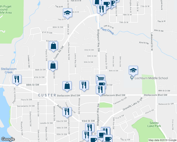 map of restaurants, bars, coffee shops, grocery stores, and more near 27 Lakewood Oaks Drive Southwest in Lakewood