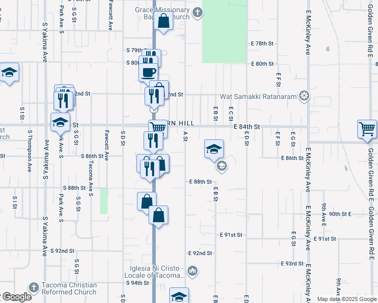 map of restaurants, bars, coffee shops, grocery stores, and more near 8443 A Street in Tacoma