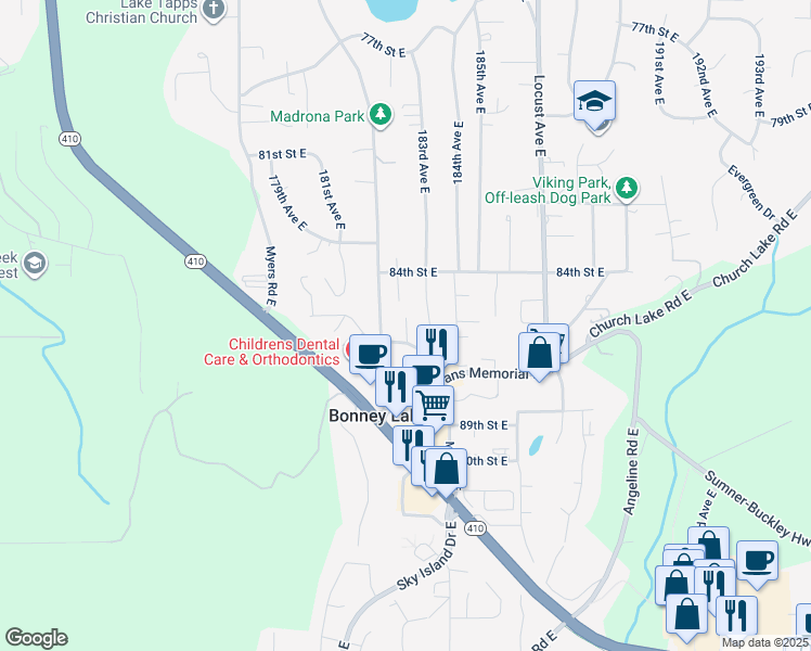 map of restaurants, bars, coffee shops, grocery stores, and more near 8518 Main Street East in Bonney Lake