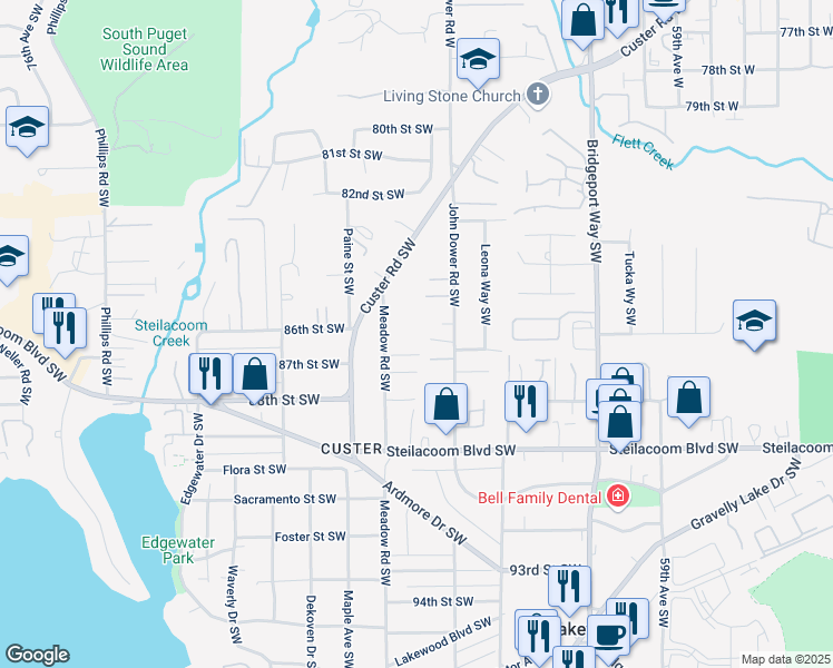map of restaurants, bars, coffee shops, grocery stores, and more near 8520 John Dower Road Southwest in Lakewood