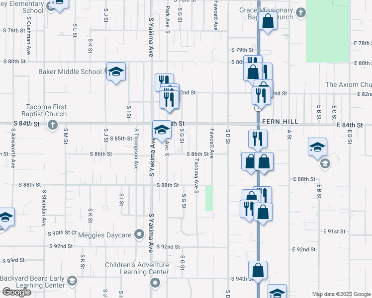 map of restaurants, bars, coffee shops, grocery stores, and more near 8445 South G Street in Tacoma
