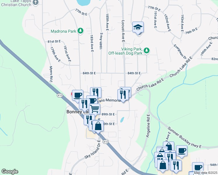 map of restaurants, bars, coffee shops, grocery stores, and more near 8501 185th Avenue Place East in Bonney Lake