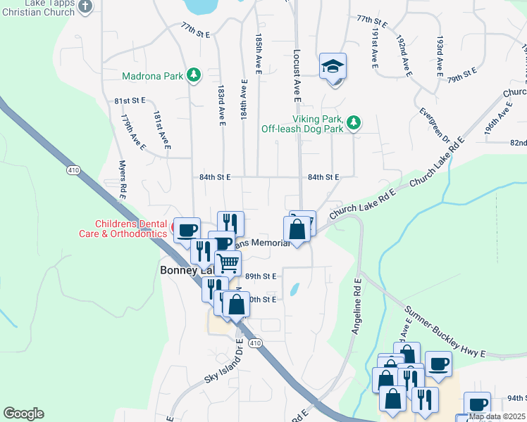 map of restaurants, bars, coffee shops, grocery stores, and more near 8501 185th Avenue Place East in Bonney Lake