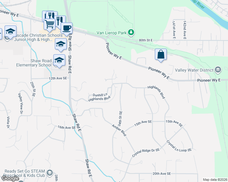 map of restaurants, bars, coffee shops, grocery stores, and more near 3228 Highlands Boulevard in Puyallup