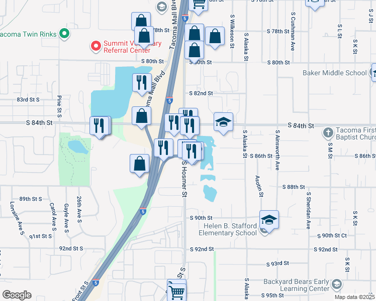 map of restaurants, bars, coffee shops, grocery stores, and more near 8433 South Hosmer Street in Tacoma