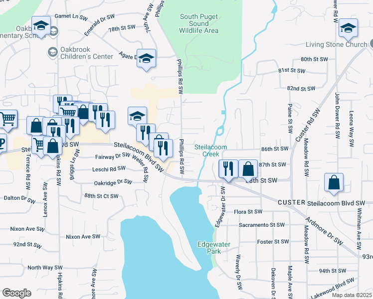 map of restaurants, bars, coffee shops, grocery stores, and more near 8519 Phillips Road Southwest in Lakewood