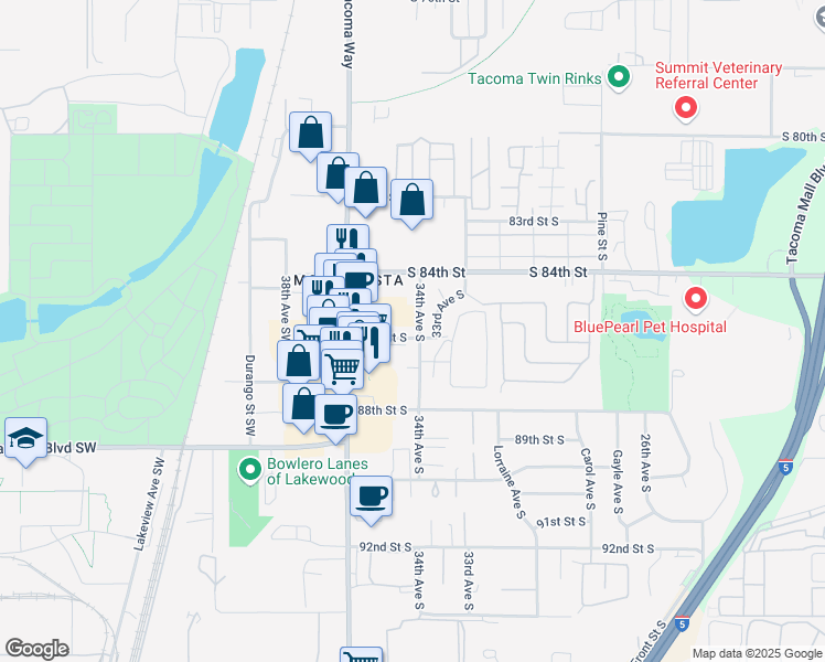 map of restaurants, bars, coffee shops, grocery stores, and more near 3329 86th Street South in Tacoma
