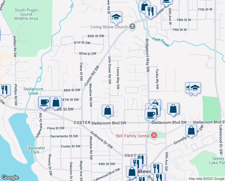 map of restaurants, bars, coffee shops, grocery stores, and more near 8515 John Dower Road Southwest in Tacoma