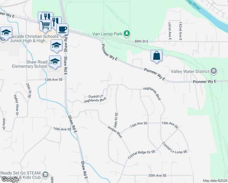 map of restaurants, bars, coffee shops, grocery stores, and more near 3228 Highlands Boulevard in Puyallup
