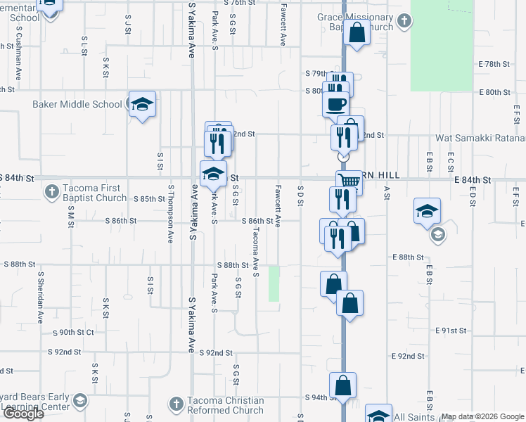 map of restaurants, bars, coffee shops, grocery stores, and more near 511 South 86th Street in Tacoma