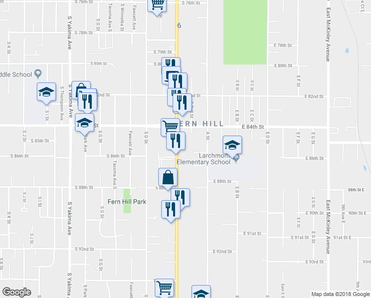 map of restaurants, bars, coffee shops, grocery stores, and more near 8439 Pacific Avenue in Tacoma
