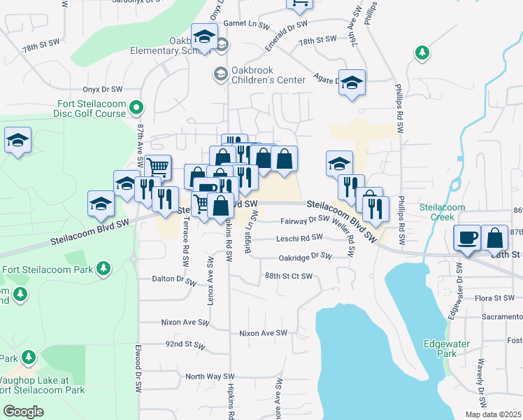 map of restaurants, bars, coffee shops, grocery stores, and more near 8176 Steilacoom Boulevard Southwest in Lakewood