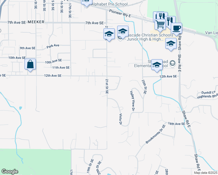 map of restaurants, bars, coffee shops, grocery stores, and more near 1229 21st Street Southeast in Puyallup