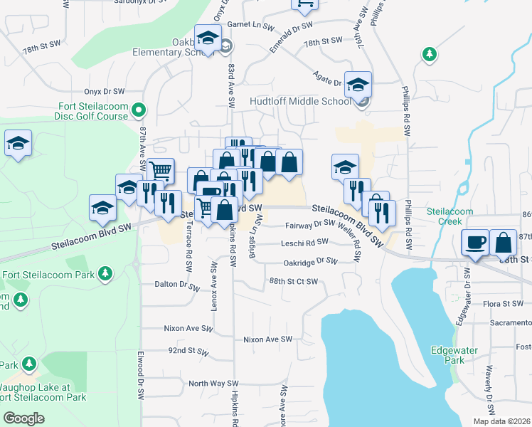 map of restaurants, bars, coffee shops, grocery stores, and more near 8176 Steilacoom Boulevard Southwest in Lakewood