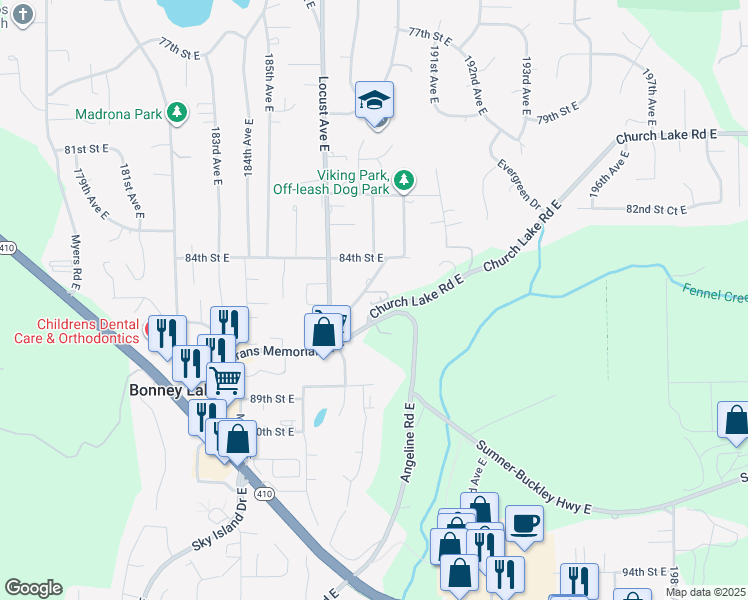 map of restaurants, bars, coffee shops, grocery stores, and more near 18816 Mountain View Drive East in Bonney Lake