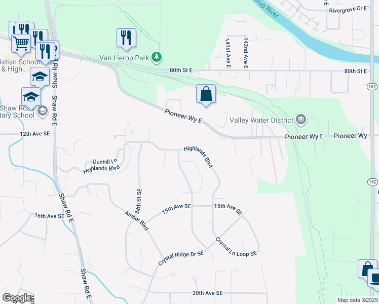 map of restaurants, bars, coffee shops, grocery stores, and more near 3910 Highlands Boulevard in Puyallup