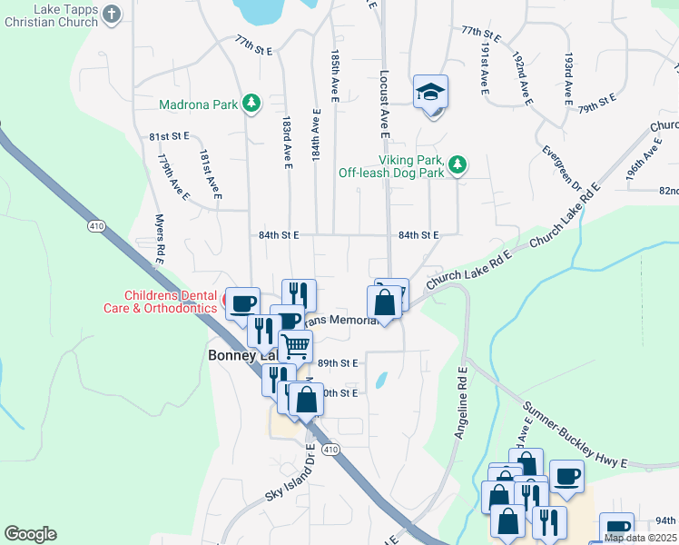 map of restaurants, bars, coffee shops, grocery stores, and more near 8423 185th Avenue Place East in Bonney Lake