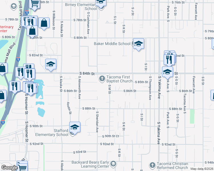 map of restaurants, bars, coffee shops, grocery stores, and more near 8444 South M Street in Tacoma