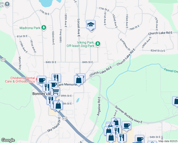 map of restaurants, bars, coffee shops, grocery stores, and more near 18816 Mountain View Drive East in Bonney Lake