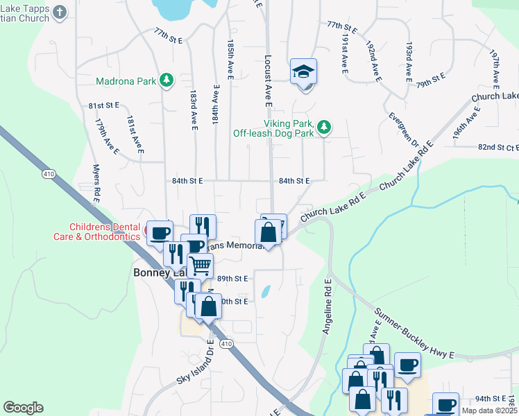 map of restaurants, bars, coffee shops, grocery stores, and more near 8403 Locust Avenue East in Bonney Lake