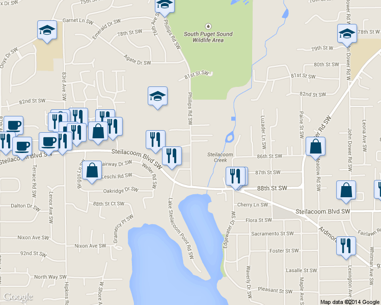 map of restaurants, bars, coffee shops, grocery stores, and more near 8519 Phillips Road Southwest in Lakewood