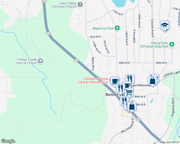 map of restaurants, bars, coffee shops, grocery stores, and more near 17801 Washington 410 in Bonney Lake
