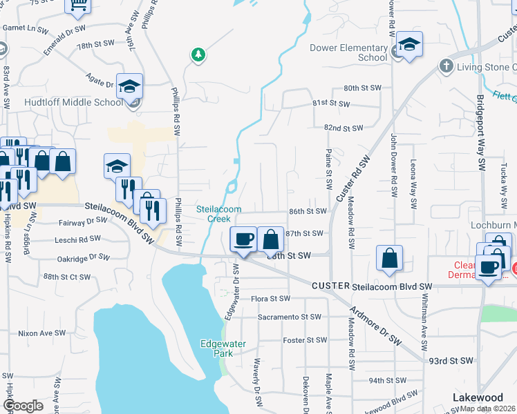 map of restaurants, bars, coffee shops, grocery stores, and more near 7111 86th Street Southwest in Lakewood