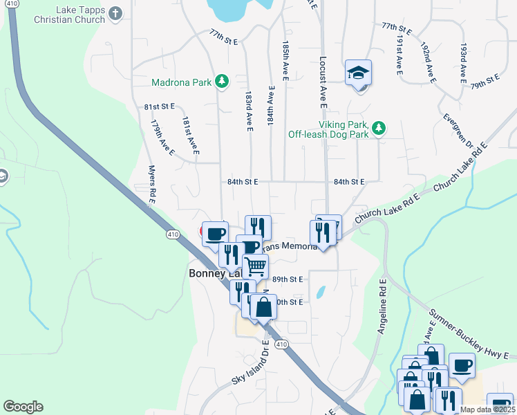 map of restaurants, bars, coffee shops, grocery stores, and more near 8415 184th Avenue East in Bonney Lake