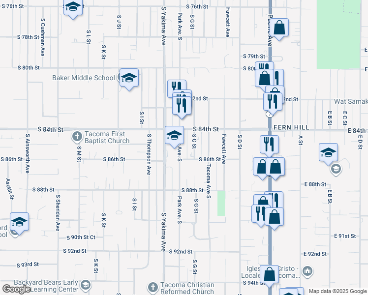 map of restaurants, bars, coffee shops, grocery stores, and more near 8437 South Park Avenue in Tacoma