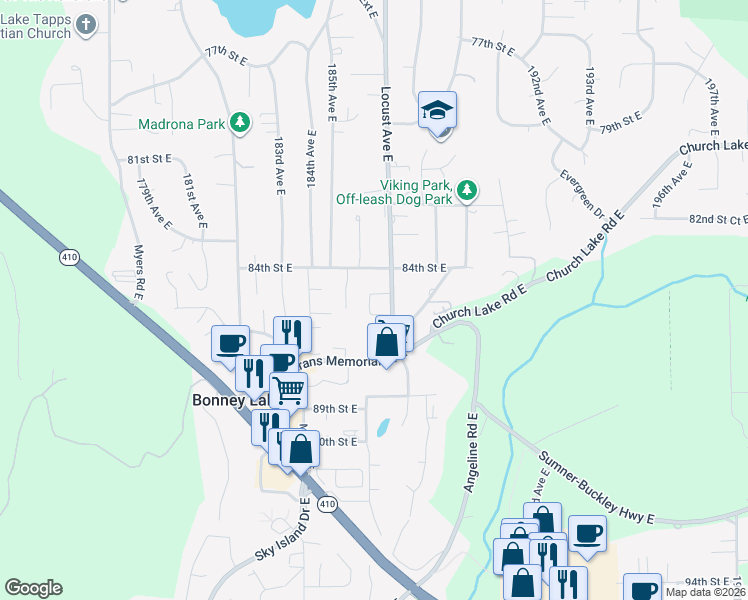 map of restaurants, bars, coffee shops, grocery stores, and more near 8403 Locust Avenue East in Bonney Lake