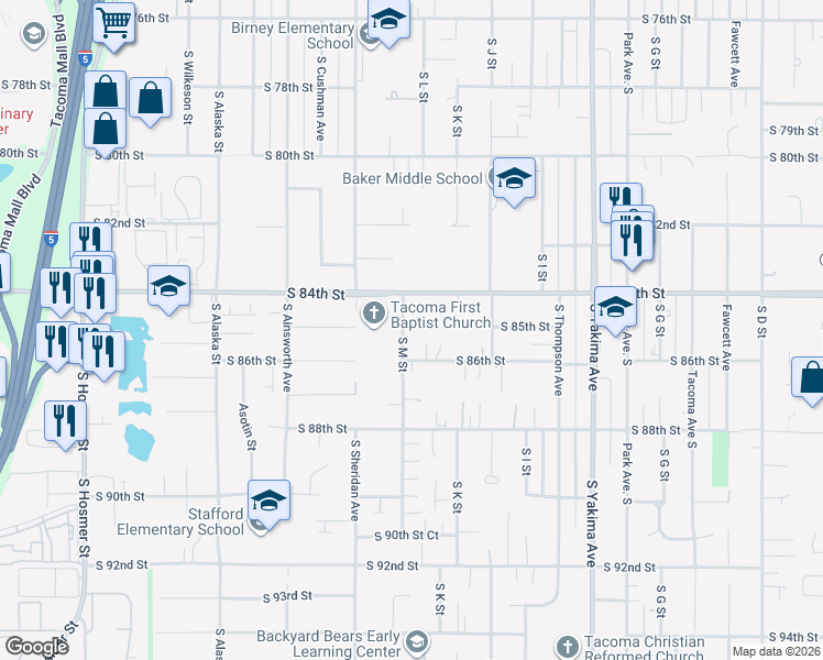 map of restaurants, bars, coffee shops, grocery stores, and more near 8444 South M Street in Tacoma