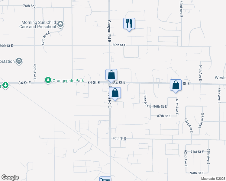 map of restaurants, bars, coffee shops, grocery stores, and more near 8511 Canyon Rd E in Puyallup