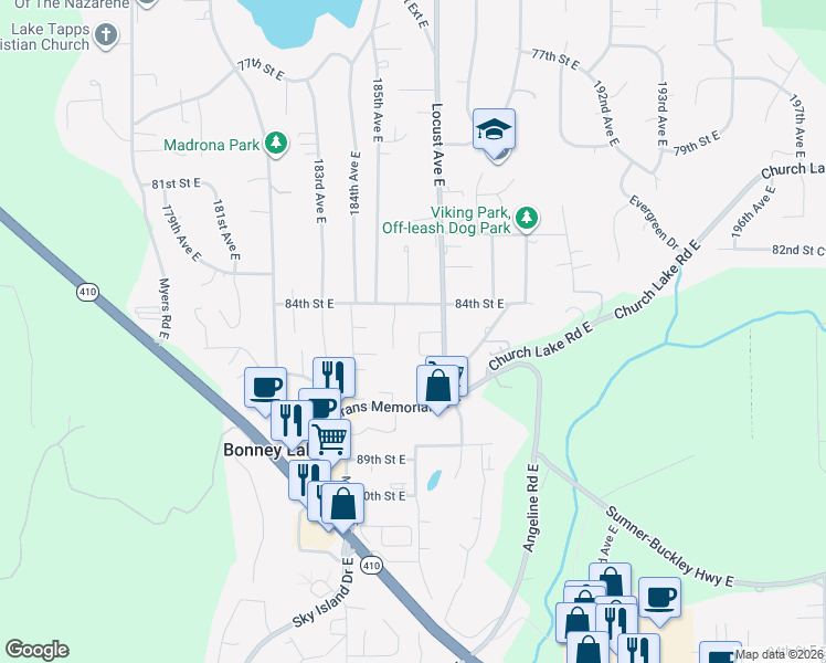 map of restaurants, bars, coffee shops, grocery stores, and more near 8403 Locust Avenue East in Bonney Lake