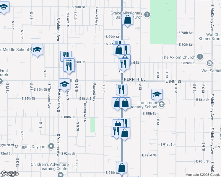 map of restaurants, bars, coffee shops, grocery stores, and more near 8402 South C Street in Tacoma