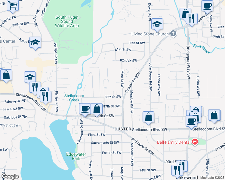 map of restaurants, bars, coffee shops, grocery stores, and more near 8404 Paine Street Southwest in Lakewood