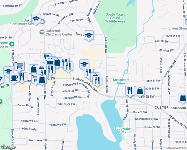 map of restaurants, bars, coffee shops, grocery stores, and more near in Lakewood