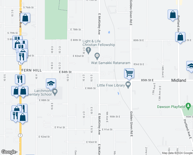 map of restaurants, bars, coffee shops, grocery stores, and more near 8412 East McKinley Avenue in Tacoma