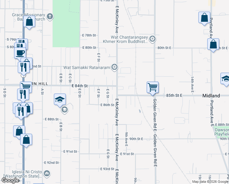 map of restaurants, bars, coffee shops, grocery stores, and more near 641 East 84th Street in Tacoma