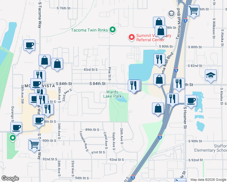 map of restaurants, bars, coffee shops, grocery stores, and more near 2611 84th Stct South in Lakewood