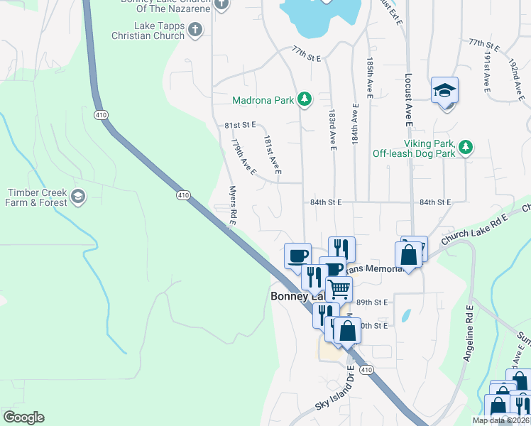 map of restaurants, bars, coffee shops, grocery stores, and more near 8401 181st Avenue East in Bonney Lake