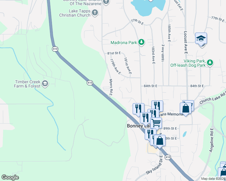 map of restaurants, bars, coffee shops, grocery stores, and more near 8313 Myers Road East in Bonney Lake