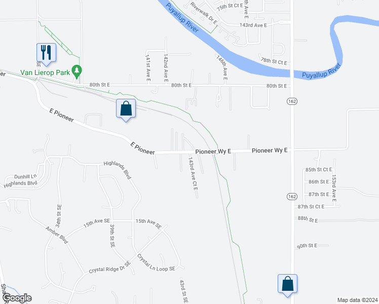 map of restaurants, bars, coffee shops, grocery stores, and more near 6720 143rd Avenue Court East in Puyallup
