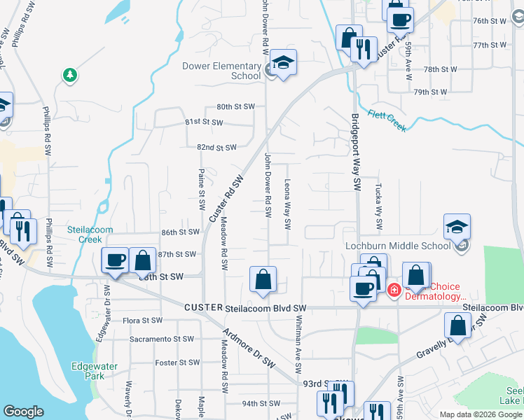 map of restaurants, bars, coffee shops, grocery stores, and more near 8414 John Dower Road Southwest in Lakewood