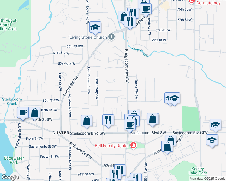 map of restaurants, bars, coffee shops, grocery stores, and more near 6223 85th Street Southwest in Lakewood