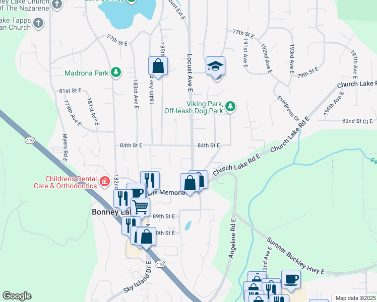 map of restaurants, bars, coffee shops, grocery stores, and more near 18604 84th Street East in Bonney Lake
